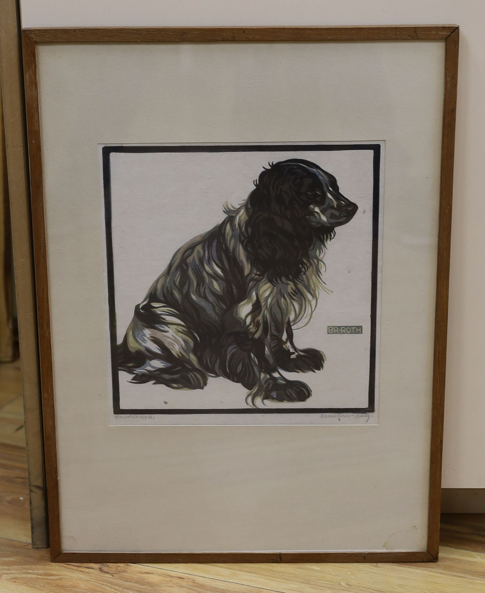 Norbertine Bresslern Roth (Austrian, 1891-1978), coloured wood engraving, Seated spaniel, signed in pencil, 30 x 28cm